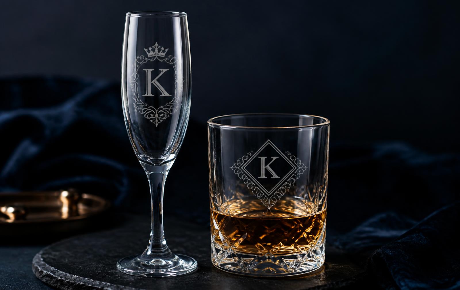 Monogrammed engraved champagne flute and whiskey glass